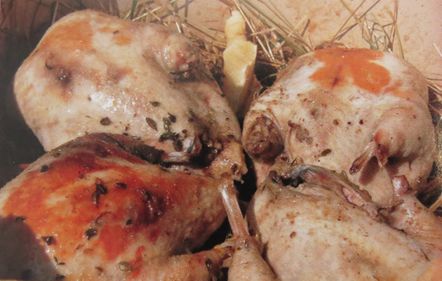 Partridge pot-roasted with thyme, hay and cider.