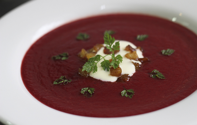 Beetroot, crème frâiche and buttered apple soup