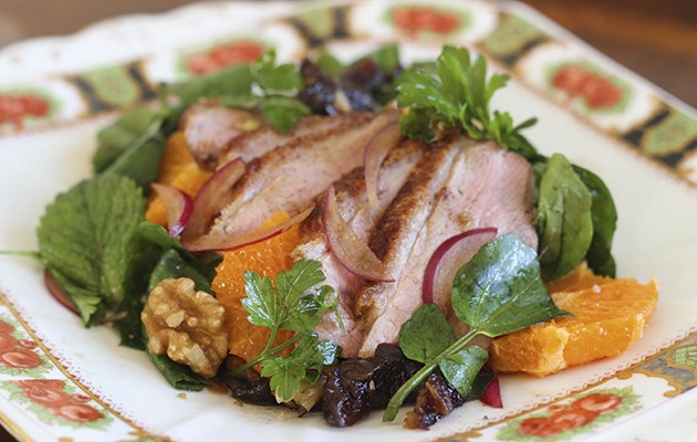 Crispy duck breast, walnut and prune salad