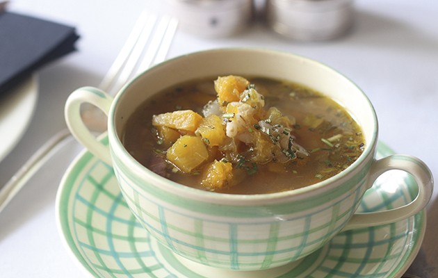 Squash, pearl barley and pancetta soup