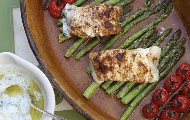 Plaice with ras el hanout and roasted asparagus