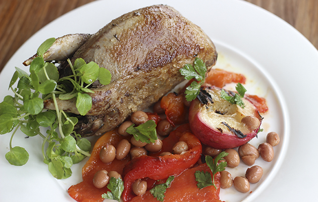 Whole roast grouse with grilled peach salad