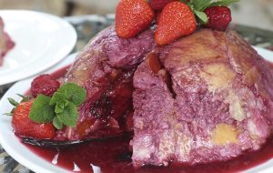 Peach, fig, plum and croissant pudding