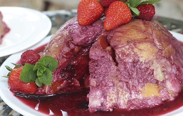 Peach, fig, plum and croissant pudding