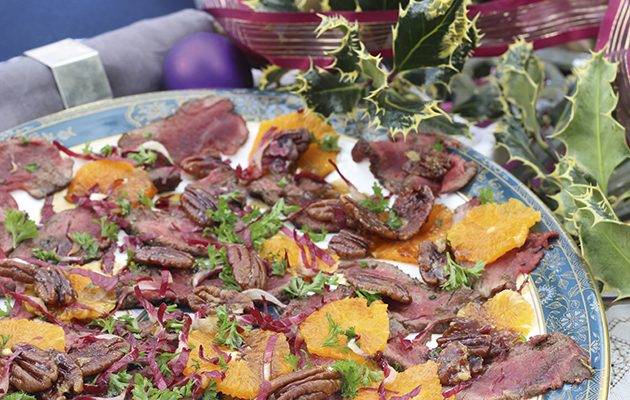 Venison carpaccio, candied pecans and clementine salad