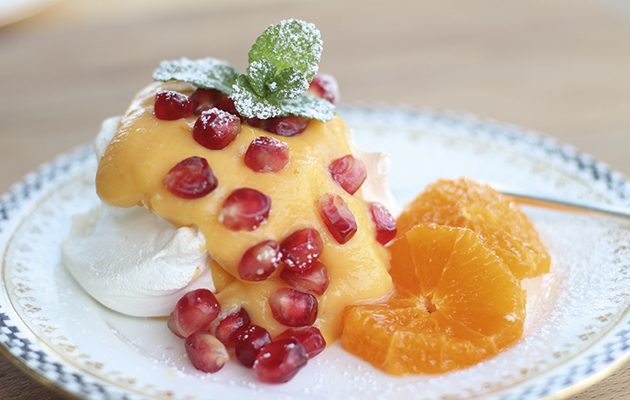 Tangerine curd and pomegranate meringues