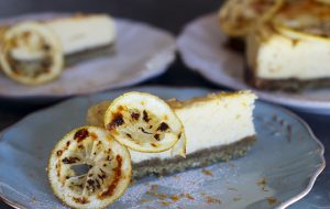 Citrus, ricotta and honey cheesecake with a pistachio base