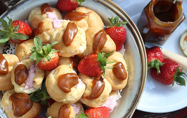 Strawberry and mascarpone profiteroles with salted caramel sauce
