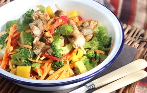 Wild rabbit skewers with a toasted cashew, mango and carrot salad