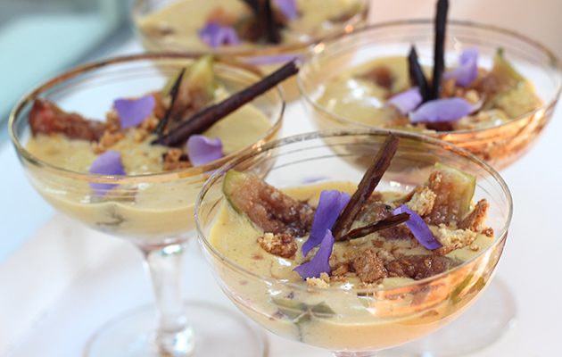 Cinnamon and saffron poached figs with amaretto sabayon