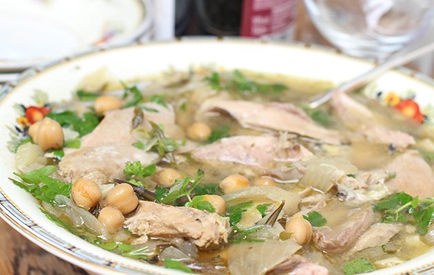 Slow-cooked pheasant with chickpeas Revithia