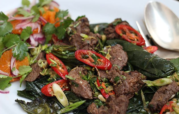 Five spice venison with kale, ginger and spring onion