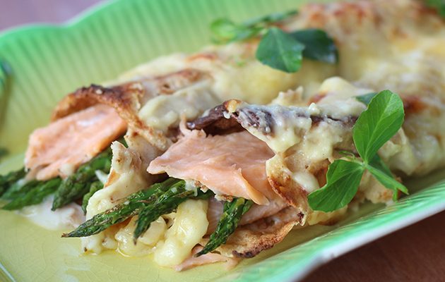 Cider and buckwheat crepes with asparagus and trout