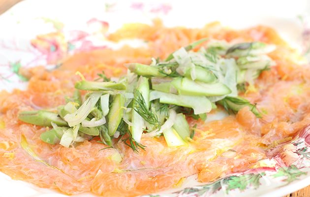 Trout carpaccio with asparagus, fennel, shallots and lemon