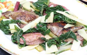 Brined roast grouse with warm chard and sheep's cheese salad
