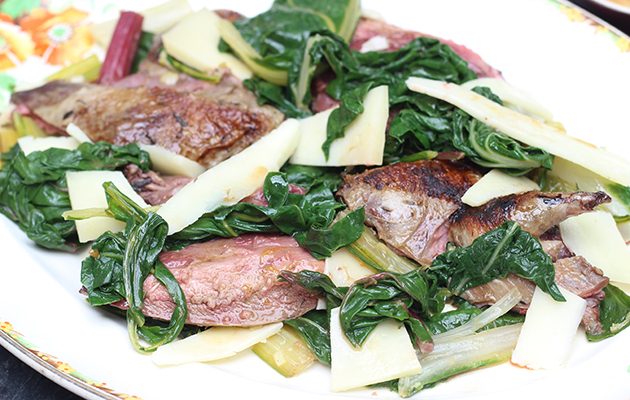 Brined roast grouse with warm chard and sheep's cheese salad