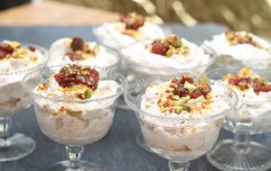 Roast plum mousse with pistachio praline