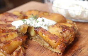 Parsnip tart tatin with whipped horseradish cream