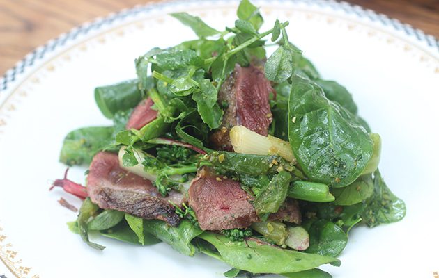 Pigeon breast salad with pistachio and rocket pesto