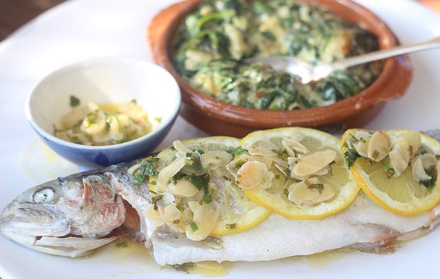 Roast whole trout with brown buttered almonds