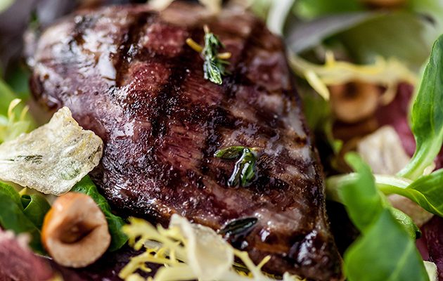 Salad of woodpigeon, mangetout and hazelnuts