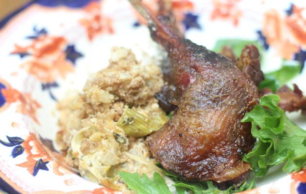 Pheasant leg confit with leek, stilton and hazelnut crumble