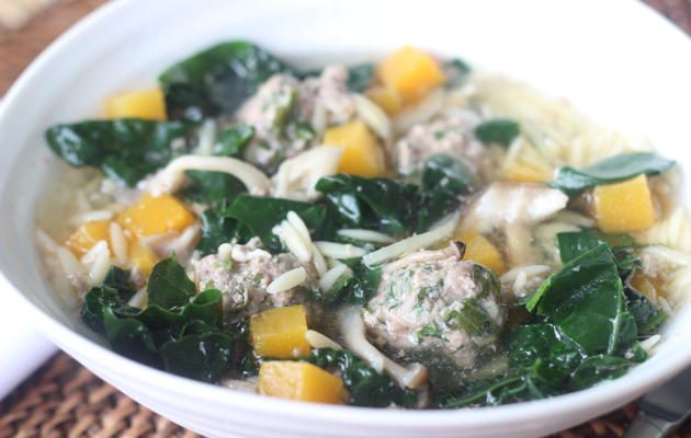 Pheasant meatballs in broth with orzo