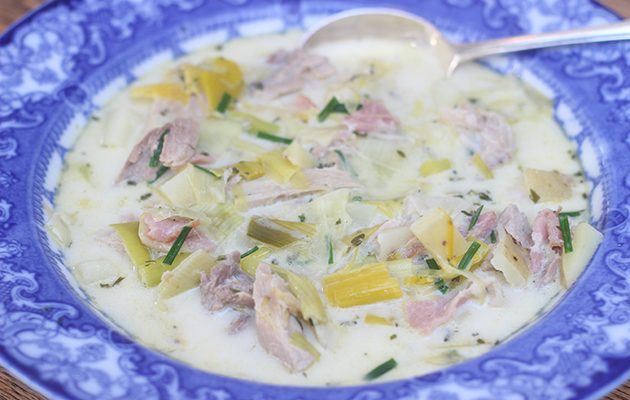 Pheasant, leek and potato soup with cream and cognac