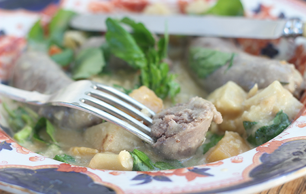 Game sausage and root vegetable hotpot with fresh horseradish
