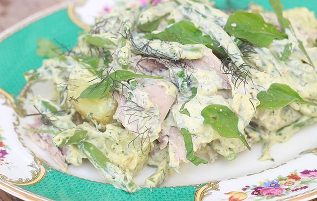 Poached pheasant with herby potato and green bean salad