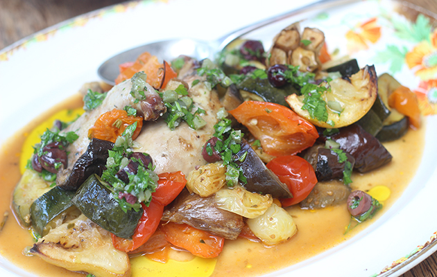 Pot roast partridge with summer vegetables