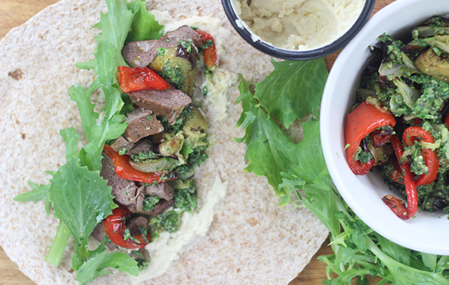 Venison wraps with roasted red pepper and aubergines