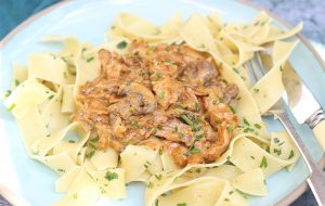Partridge stroganoff with buttered pappardelle pasta