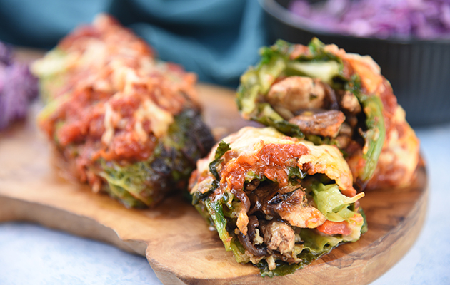 Cabbage burrito with partridge spicy slaw