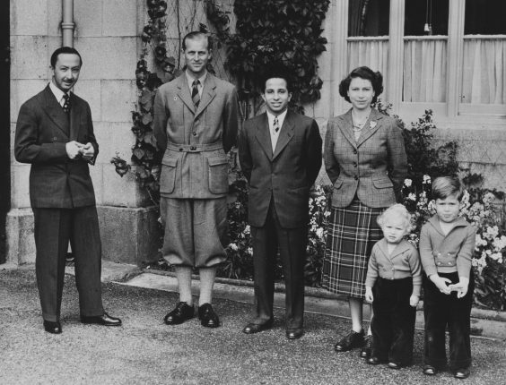 HRH The Duke of Edinburgh wearing a Norfolk jacket greets members of Iraq's Royal family in 1952