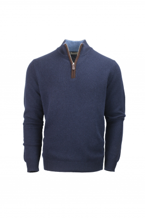 A smart, zip-up cashmere and merino jumper in navy blue