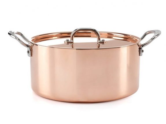 An attractive copper casserole pan. One of the best for cooking large quantities