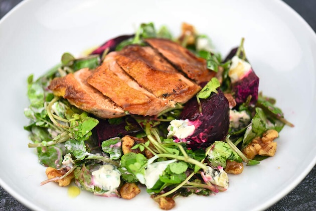 Roast pheasant warm winter salad