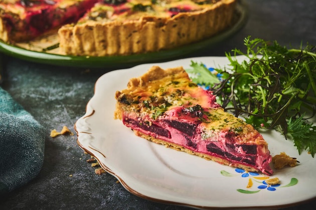 Beetroot, Stichelton and caraway quiche