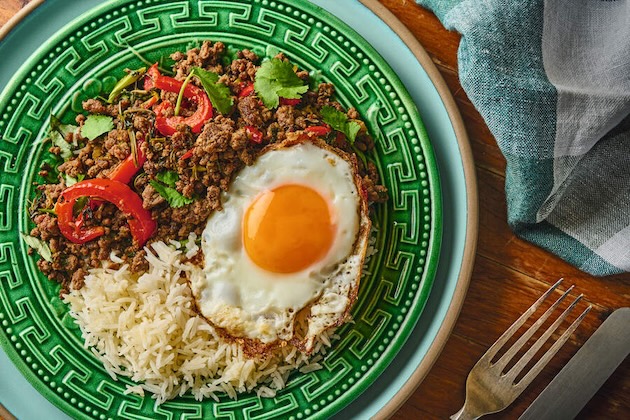 Thai style venison mince with fried egg