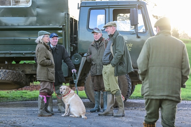 Yellow labrador with people on game shoot