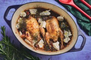 Pot-roast Mediterranean partridge with aubergine, olives, tomato, basil and feta