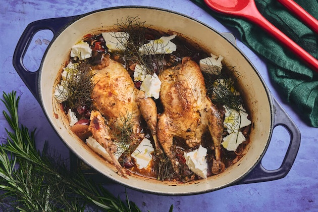 Pot-roast Mediterranean partridge with aubergine, olives, tomato, basil and feta