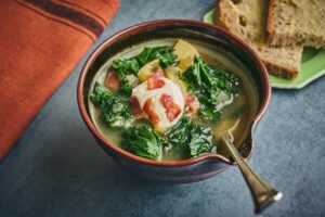 Kale and bacon soup with pheasant stock