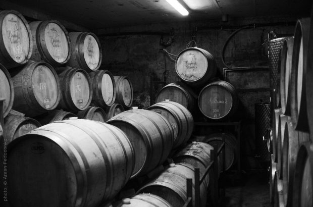 A cellar filled with wine barrels