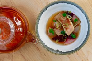 Smoked and roasted eel with tea consommé