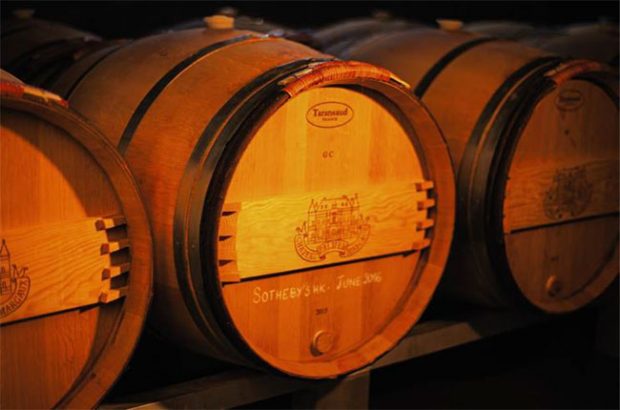 The barrel of Château Palmer 2015 wine waiting to be auctioned.