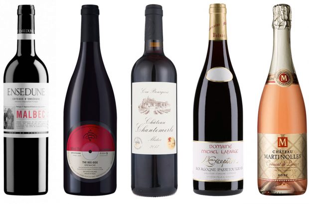 Five bottles of French red and rosé wines