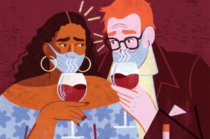An illustration of two people wearing masks and sniffing red wine