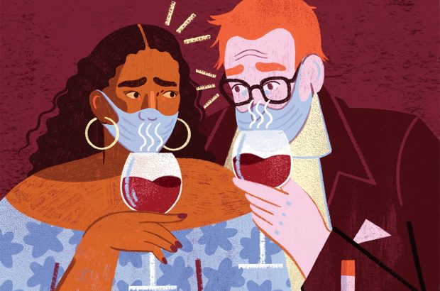 An illustration of two people wearing masks and sniffing red wine